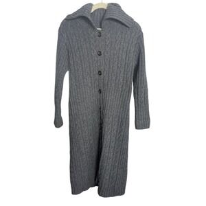 Aran Crafts Merino Wool Cable Knit Grey Button Front Duster Cardigan‎ Sweater XS